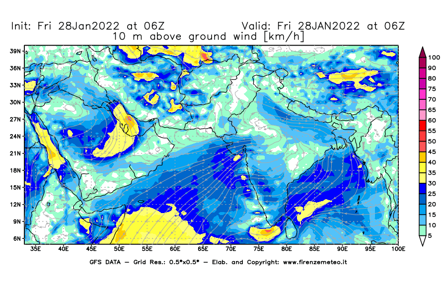 Mappa di analisi GFS - Velocità del vento a 10 metri dal suolo [km/h] in Asia Sud-Occidentale
							del 28/01/2022 06 <!--googleoff: index-->UTC<!--googleon: index-->