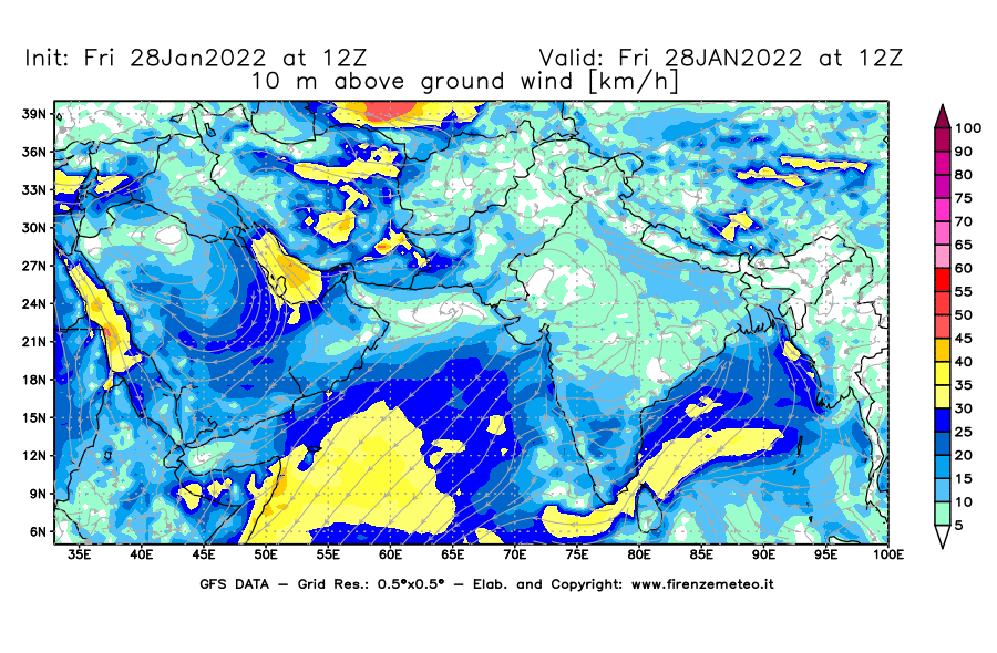 Mappa di analisi GFS - Velocità del vento a 10 metri dal suolo [km/h] in Asia Sud-Occidentale
							del 28/01/2022 12 <!--googleoff: index-->UTC<!--googleon: index-->