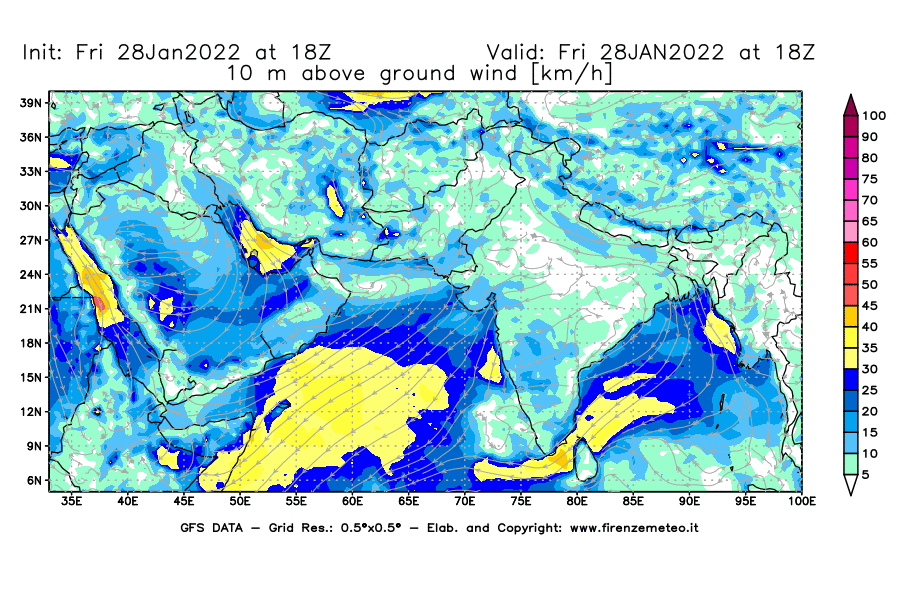Mappa di analisi GFS - Velocità del vento a 10 metri dal suolo [km/h] in Asia Sud-Occidentale
							del 28/01/2022 18 <!--googleoff: index-->UTC<!--googleon: index-->