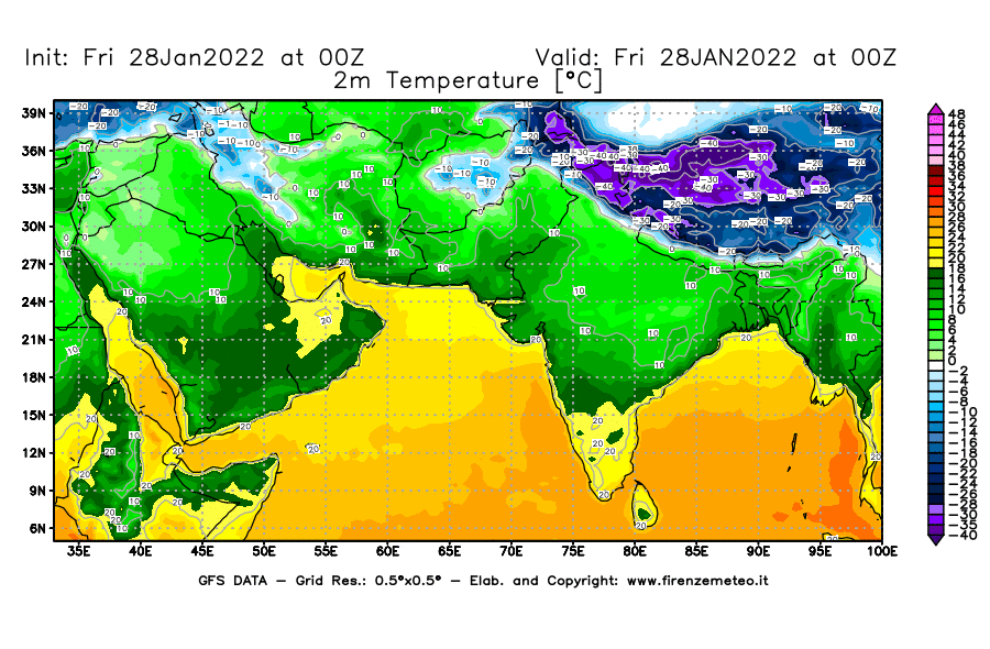 Mappa di analisi GFS - Temperatura a 2 metri dal suolo [°C] in Asia Sud-Occidentale
							del 28/01/2022 00 <!--googleoff: index-->UTC<!--googleon: index-->