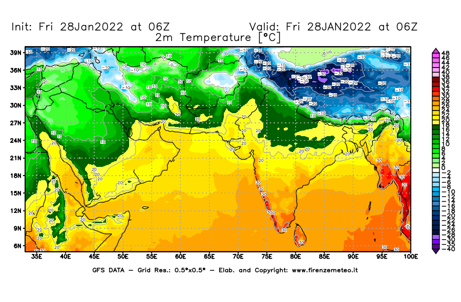 Mappa di analisi GFS - Temperatura a 2 metri dal suolo [°C] in Asia Sud-Occidentale
							del 28/01/2022 06 <!--googleoff: index-->UTC<!--googleon: index-->