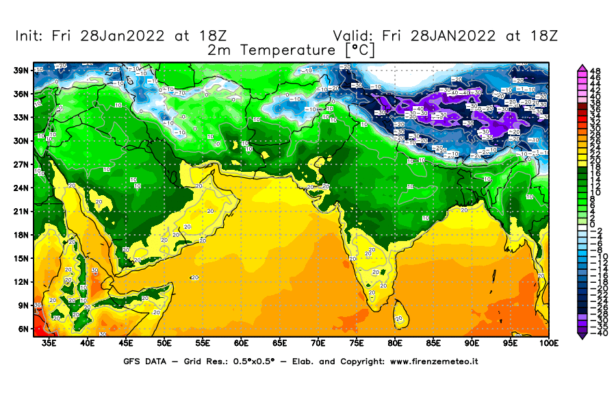 Mappa di analisi GFS - Temperatura a 2 metri dal suolo [°C] in Asia Sud-Occidentale
							del 28/01/2022 18 <!--googleoff: index-->UTC<!--googleon: index-->