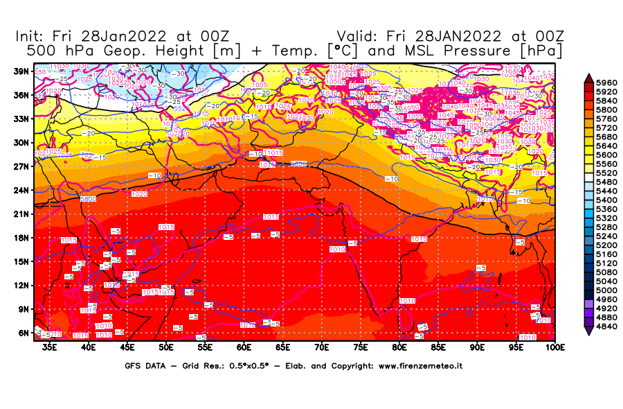 Mappa di analisi GFS - Geopotenziale [m] + Temp. [°C] a 500 hPa + Press. a livello del mare [hPa] in Asia Sud-Occidentale
							del 28/01/2022 00 <!--googleoff: index-->UTC<!--googleon: index-->