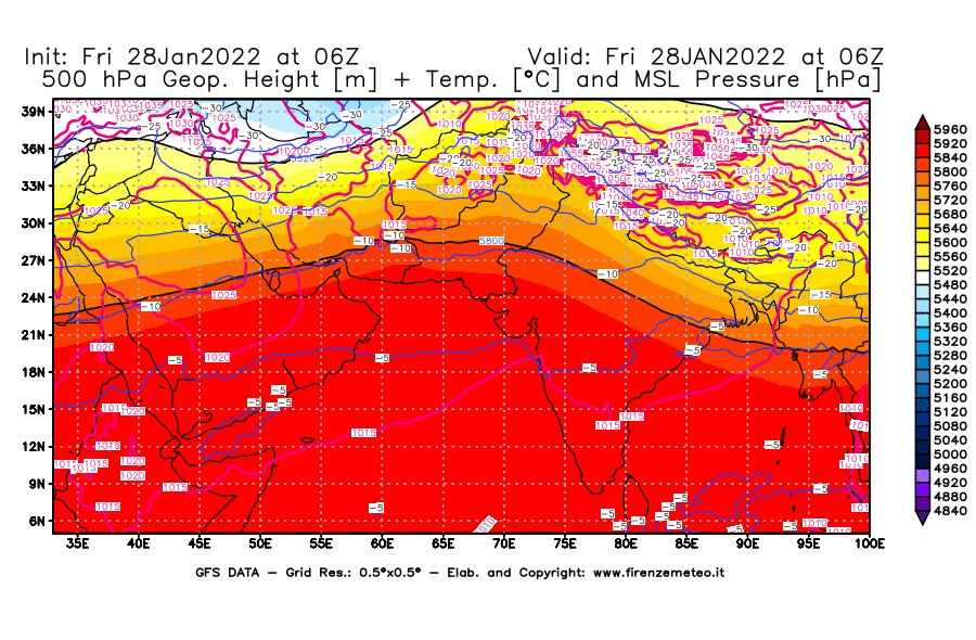 Mappa di analisi GFS - Geopotenziale [m] + Temp. [°C] a 500 hPa + Press. a livello del mare [hPa] in Asia Sud-Occidentale
							del 28/01/2022 06 <!--googleoff: index-->UTC<!--googleon: index-->