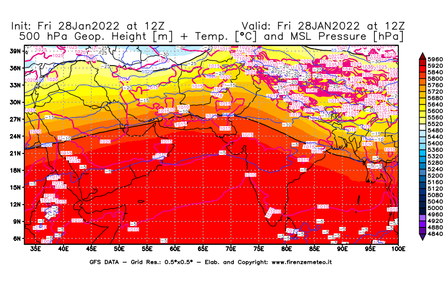 Mappa di analisi GFS - Geopotenziale [m] + Temp. [°C] a 500 hPa + Press. a livello del mare [hPa] in Asia Sud-Occidentale
							del 28/01/2022 12 <!--googleoff: index-->UTC<!--googleon: index-->