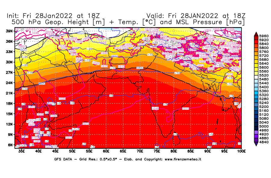Mappa di analisi GFS - Geopotenziale [m] + Temp. [°C] a 500 hPa + Press. a livello del mare [hPa] in Asia Sud-Occidentale
							del 28/01/2022 18 <!--googleoff: index-->UTC<!--googleon: index-->