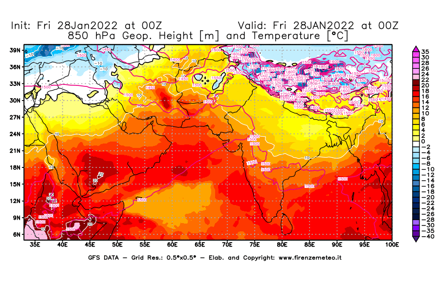 Mappa di analisi GFS - Geopotenziale [m] e Temperatura [°C] a 850 hPa in Asia Sud-Occidentale
							del 28/01/2022 00 <!--googleoff: index-->UTC<!--googleon: index-->