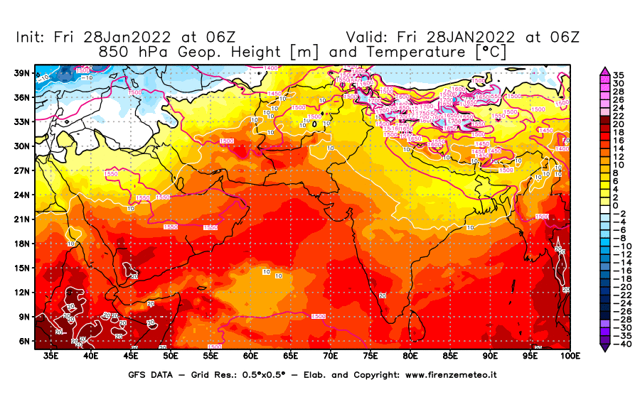 Mappa di analisi GFS - Geopotenziale [m] e Temperatura [°C] a 850 hPa in Asia Sud-Occidentale
							del 28/01/2022 06 <!--googleoff: index-->UTC<!--googleon: index-->