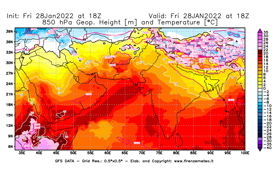 Mappa di analisi GFS - Geopotenziale [m] e Temperatura [°C] a 850 hPa in Asia Sud-Occidentale
							del 28/01/2022 18 <!--googleoff: index-->UTC<!--googleon: index-->