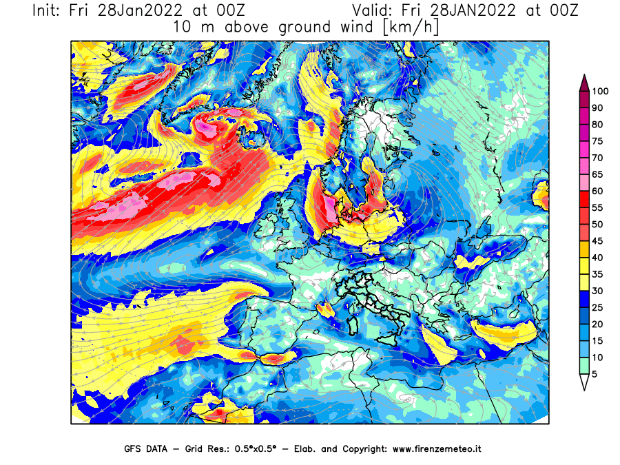 Mappa di analisi GFS - Velocità del vento a 10 metri dal suolo [km/h] in Europa
							del 28/01/2022 00 <!--googleoff: index-->UTC<!--googleon: index-->