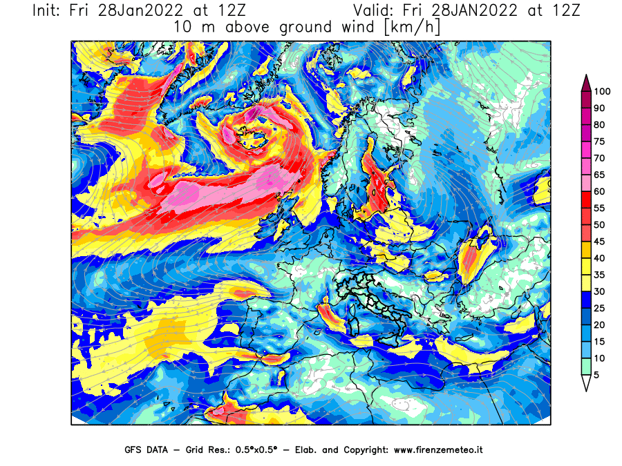 Mappa di analisi GFS - Velocità del vento a 10 metri dal suolo [km/h] in Europa
							del 28/01/2022 12 <!--googleoff: index-->UTC<!--googleon: index-->