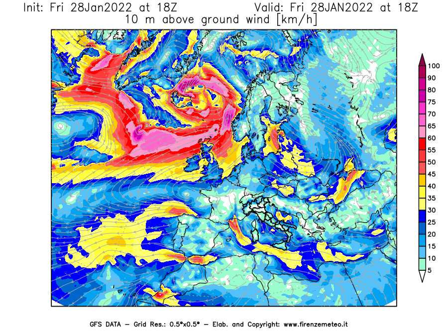 Mappa di analisi GFS - Velocità del vento a 10 metri dal suolo [km/h] in Europa
							del 28/01/2022 18 <!--googleoff: index-->UTC<!--googleon: index-->