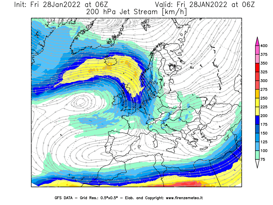 Mappa di analisi GFS - Jet Stream a 200 hPa in Europa
							del 28/01/2022 06 <!--googleoff: index-->UTC<!--googleon: index-->