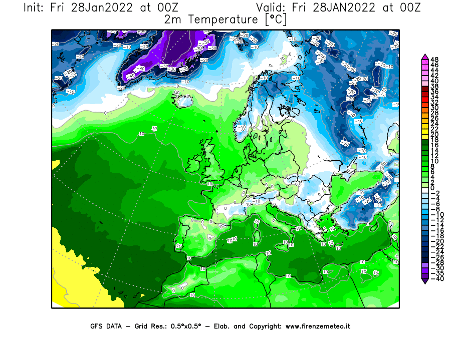 Mappa di analisi GFS - Temperatura a 2 metri dal suolo [°C] in Europa
							del 28/01/2022 00 <!--googleoff: index-->UTC<!--googleon: index-->