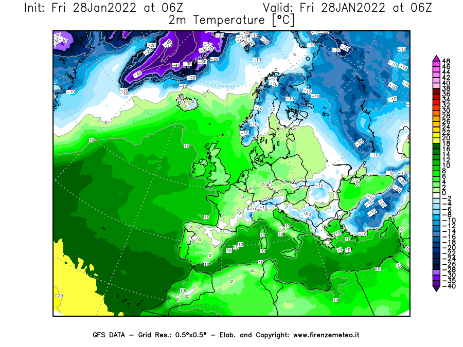 Mappa di analisi GFS - Temperatura a 2 metri dal suolo [°C] in Europa
							del 28/01/2022 06 <!--googleoff: index-->UTC<!--googleon: index-->