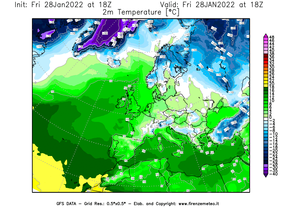 Mappa di analisi GFS - Temperatura a 2 metri dal suolo [°C] in Europa
							del 28/01/2022 18 <!--googleoff: index-->UTC<!--googleon: index-->