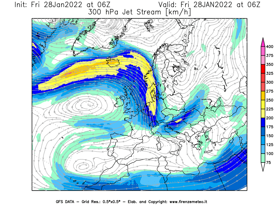 Mappa di analisi GFS - Jet Stream a 300 hPa in Europa
							del 28/01/2022 06 <!--googleoff: index-->UTC<!--googleon: index-->