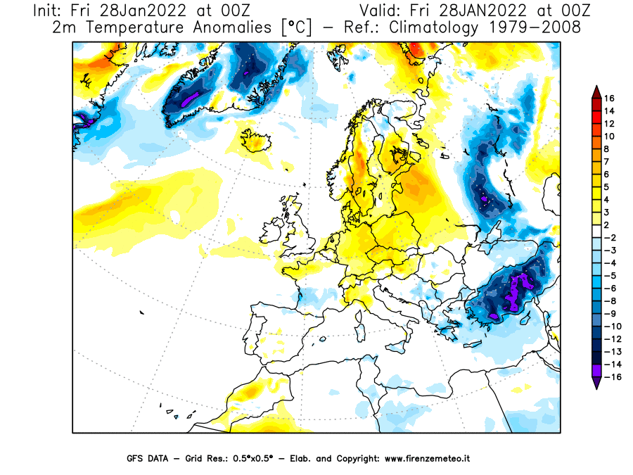 Mappa di analisi GFS - Anomalia Temperatura [°C] a 2 m in Europa
							del 28/01/2022 00 <!--googleoff: index-->UTC<!--googleon: index-->
