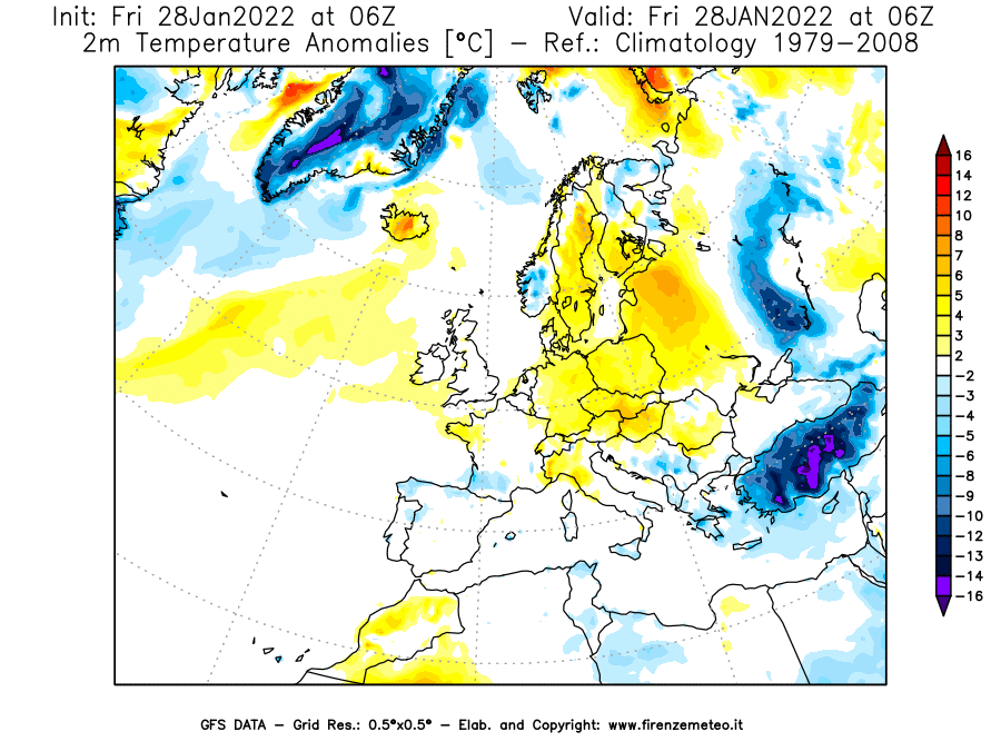 Mappa di analisi GFS - Anomalia Temperatura [°C] a 2 m in Europa
							del 28/01/2022 06 <!--googleoff: index-->UTC<!--googleon: index-->