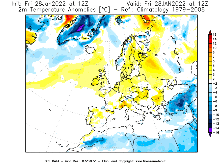 Mappa di analisi GFS - Anomalia Temperatura [°C] a 2 m in Europa
							del 28/01/2022 12 <!--googleoff: index-->UTC<!--googleon: index-->