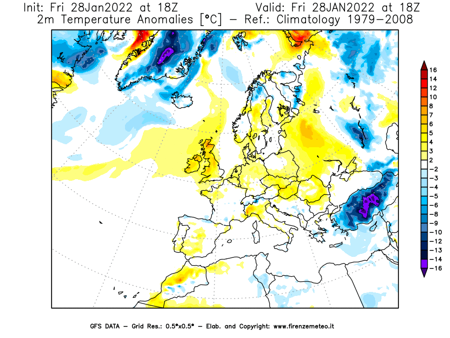 Mappa di analisi GFS - Anomalia Temperatura [°C] a 2 m in Europa
							del 28/01/2022 18 <!--googleoff: index-->UTC<!--googleon: index-->