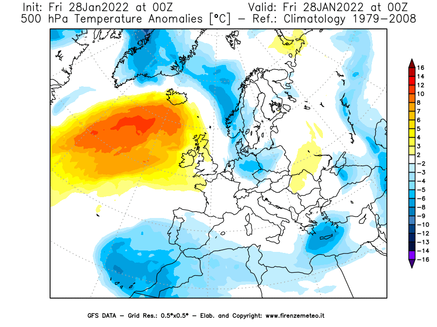 Mappa di analisi GFS - Anomalia Temperatura [°C] a 500 hPa in Europa
							del 28/01/2022 00 <!--googleoff: index-->UTC<!--googleon: index-->