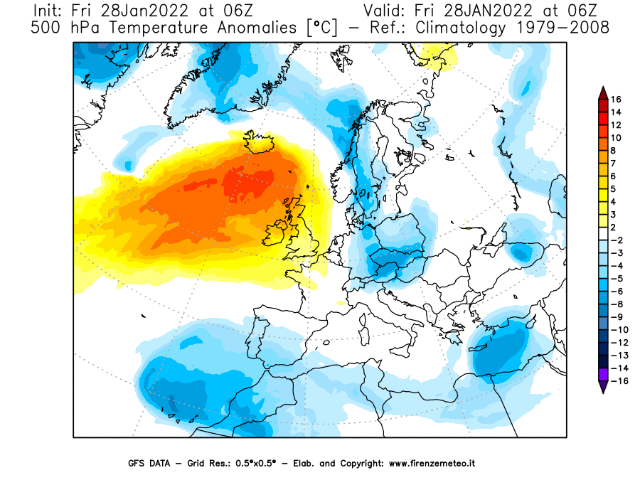 Mappa di analisi GFS - Anomalia Temperatura [°C] a 500 hPa in Europa
							del 28/01/2022 06 <!--googleoff: index-->UTC<!--googleon: index-->