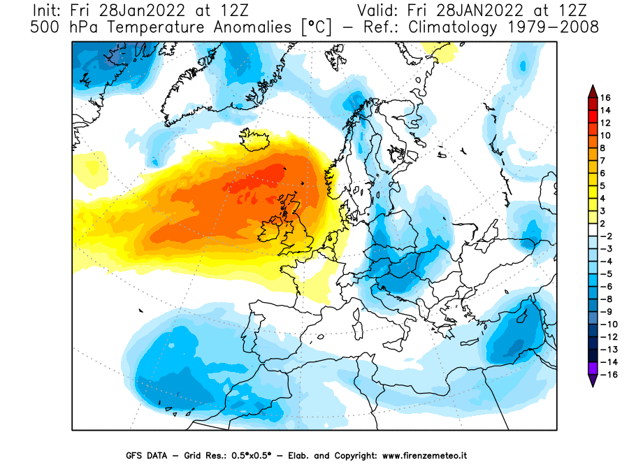 Mappa di analisi GFS - Anomalia Temperatura [°C] a 500 hPa in Europa
							del 28/01/2022 12 <!--googleoff: index-->UTC<!--googleon: index-->