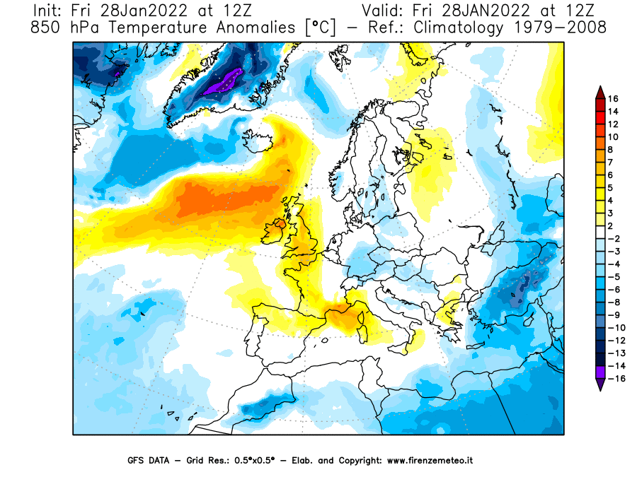 Mappa di analisi GFS - Anomalia Temperatura [°C] a 850 hPa in Europa
							del 28/01/2022 12 <!--googleoff: index-->UTC<!--googleon: index-->
