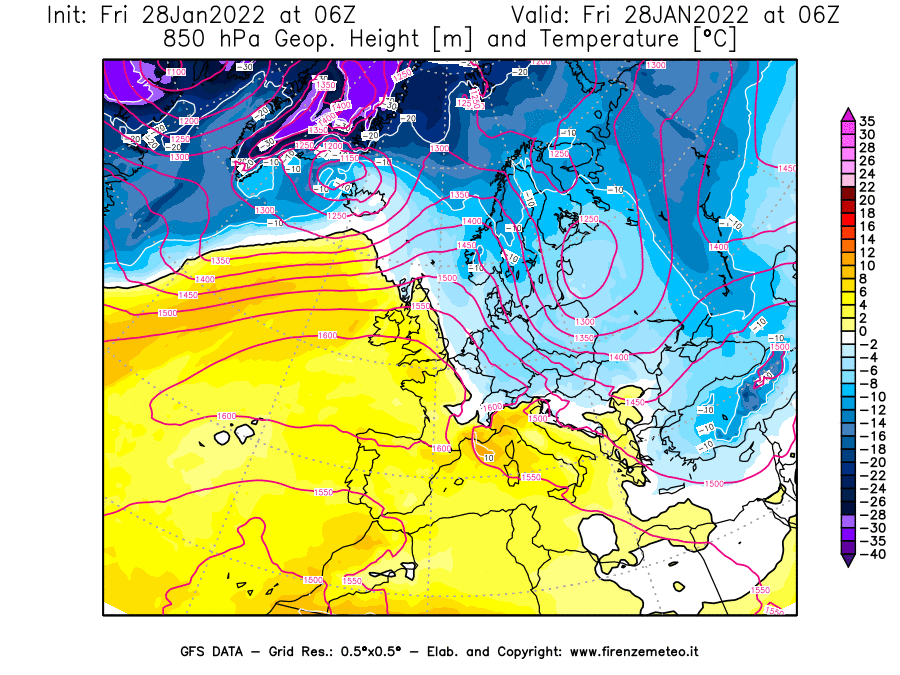 Mappa di analisi GFS - Geopotenziale [m] e Temperatura [°C] a 850 hPa in Europa
							del 28/01/2022 06 <!--googleoff: index-->UTC<!--googleon: index-->