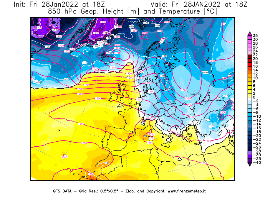 Mappa di analisi GFS - Geopotenziale [m] e Temperatura [°C] a 850 hPa in Europa
							del 28/01/2022 18 <!--googleoff: index-->UTC<!--googleon: index-->