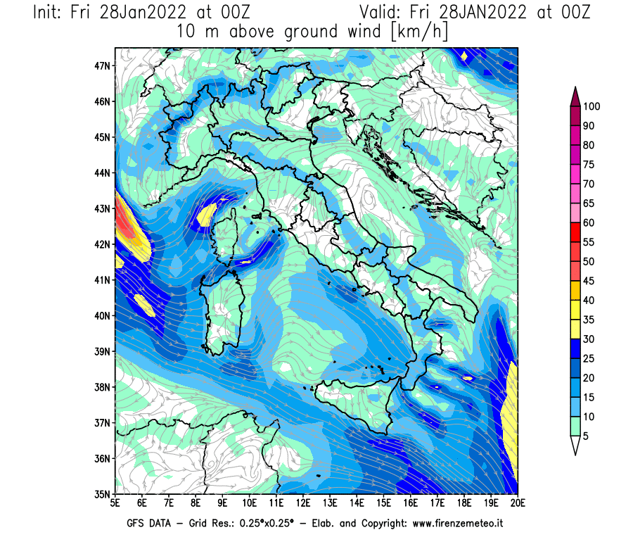 Mappa di analisi GFS - Velocità del vento a 10 metri dal suolo [km/h] in Italia
							del 28/01/2022 00 <!--googleoff: index-->UTC<!--googleon: index-->