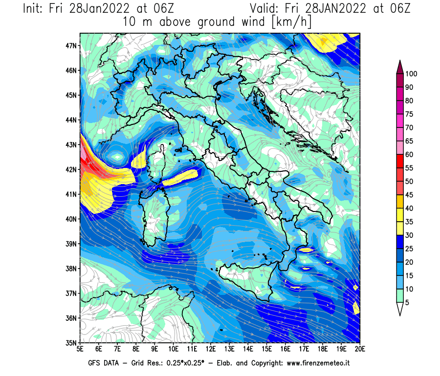 Mappa di analisi GFS - Velocità del vento a 10 metri dal suolo [km/h] in Italia
							del 28/01/2022 06 <!--googleoff: index-->UTC<!--googleon: index-->