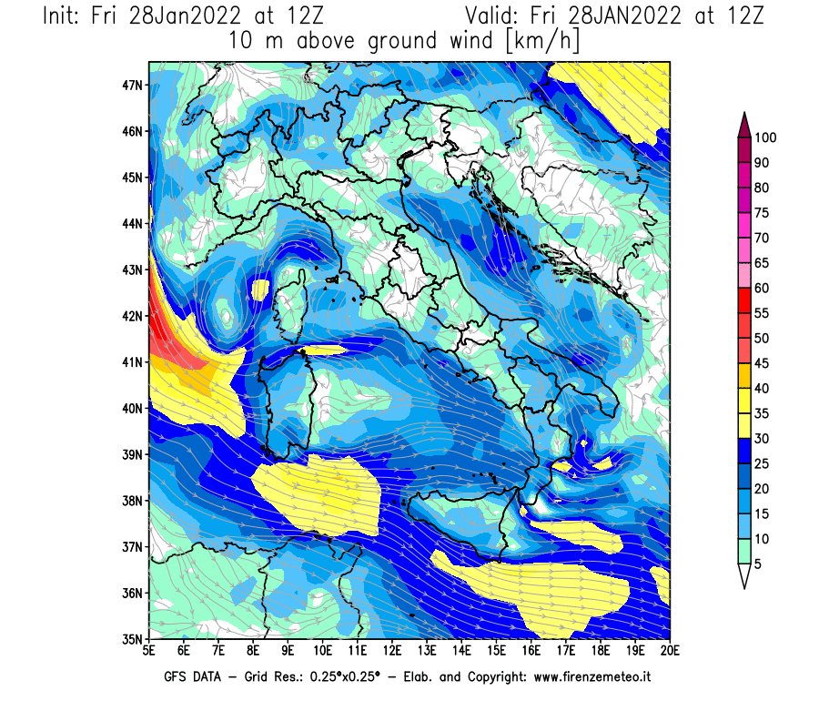 Mappa di analisi GFS - Velocità del vento a 10 metri dal suolo [km/h] in Italia
							del 28/01/2022 12 <!--googleoff: index-->UTC<!--googleon: index-->