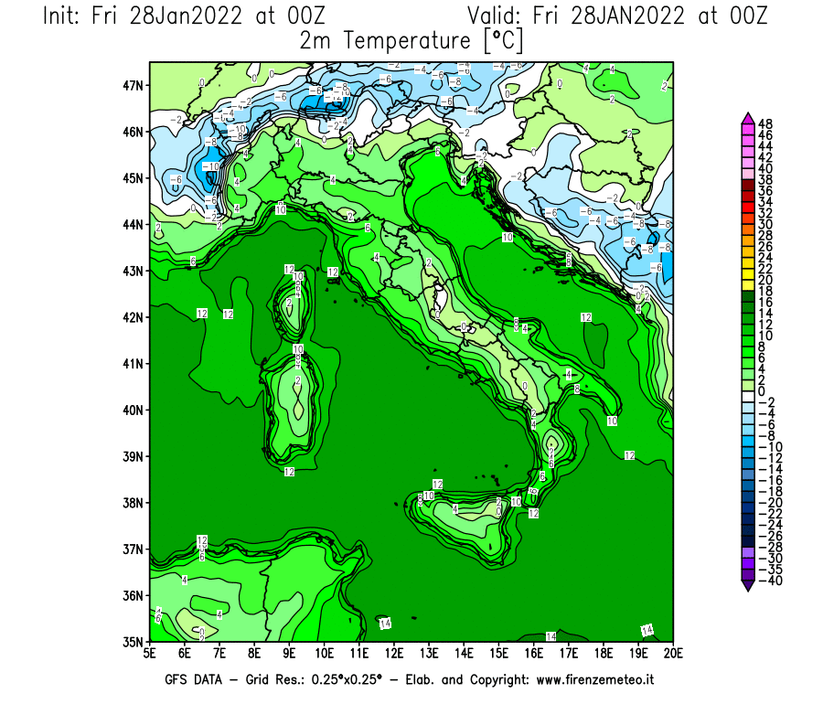 Mappa di analisi GFS - Temperatura a 2 metri dal suolo [°C] in Italia
							del 28/01/2022 00 <!--googleoff: index-->UTC<!--googleon: index-->
