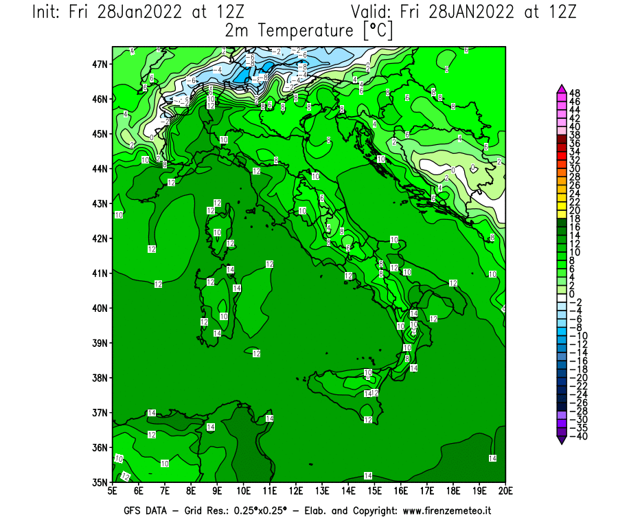 Mappa di analisi GFS - Temperatura a 2 metri dal suolo [°C] in Italia
							del 28/01/2022 12 <!--googleoff: index-->UTC<!--googleon: index-->