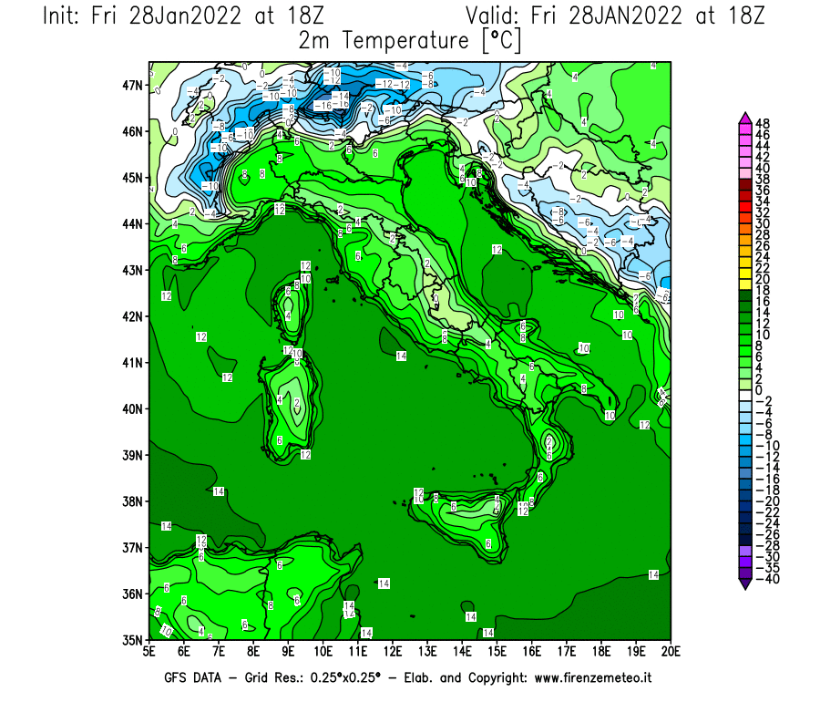 Mappa di analisi GFS - Temperatura a 2 metri dal suolo [°C] in Italia
							del 28/01/2022 18 <!--googleoff: index-->UTC<!--googleon: index-->