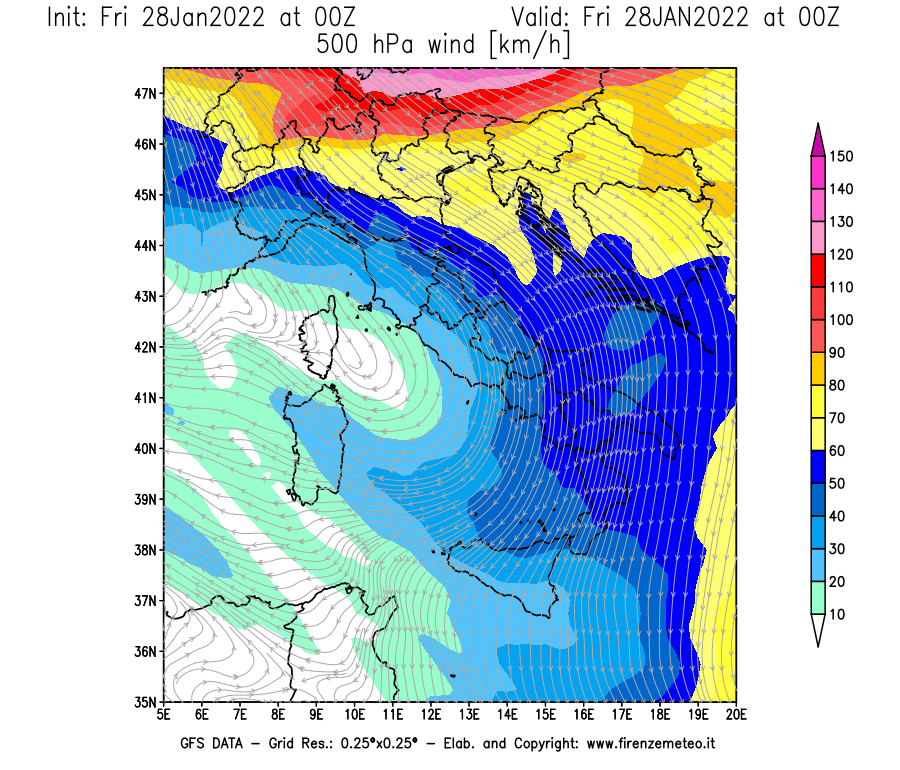 Mappa di analisi GFS - Velocità del vento a 500 hPa [km/h] in Italia
							del 28/01/2022 00 <!--googleoff: index-->UTC<!--googleon: index-->