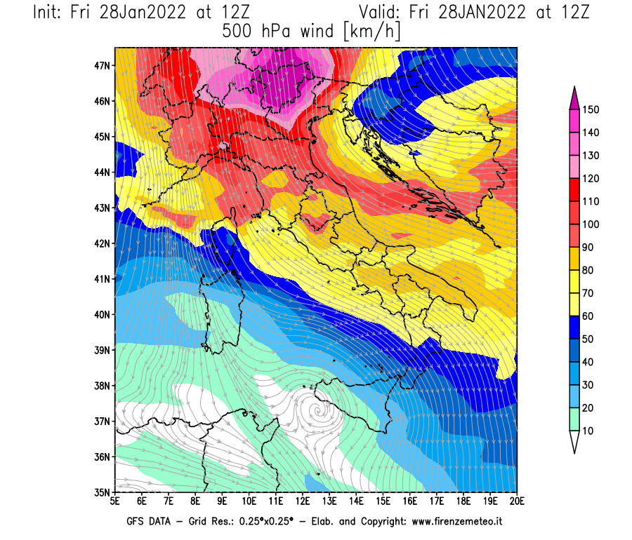 Mappa di analisi GFS - Velocità del vento a 500 hPa [km/h] in Italia
							del 28/01/2022 12 <!--googleoff: index-->UTC<!--googleon: index-->