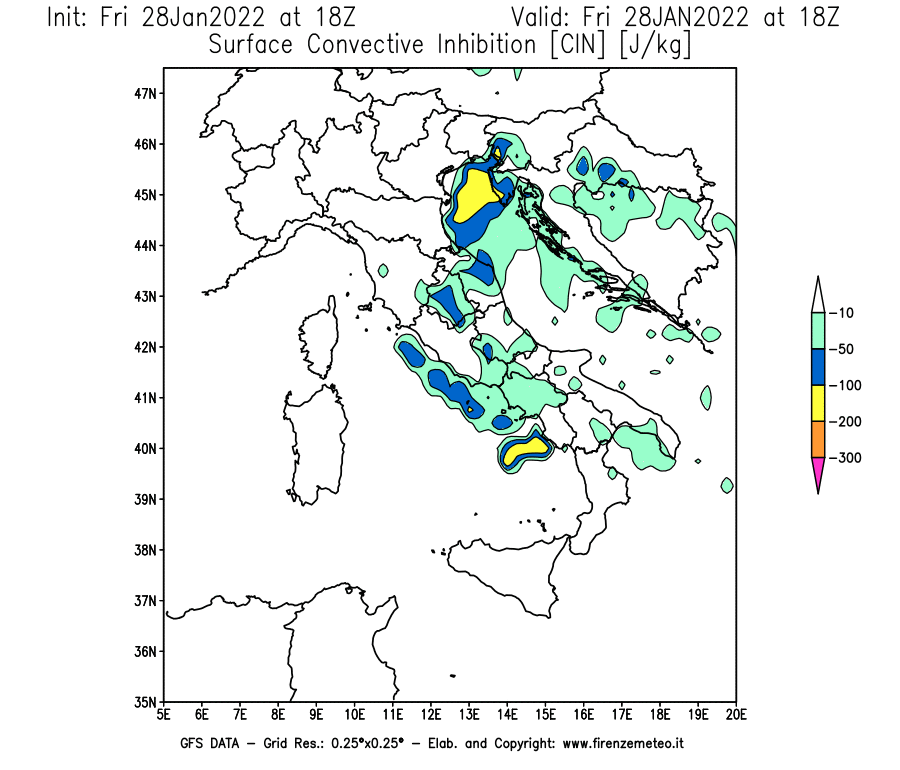 Mappa di analisi GFS - CIN [J/kg] in Italia
							del 28/01/2022 18 <!--googleoff: index-->UTC<!--googleon: index-->