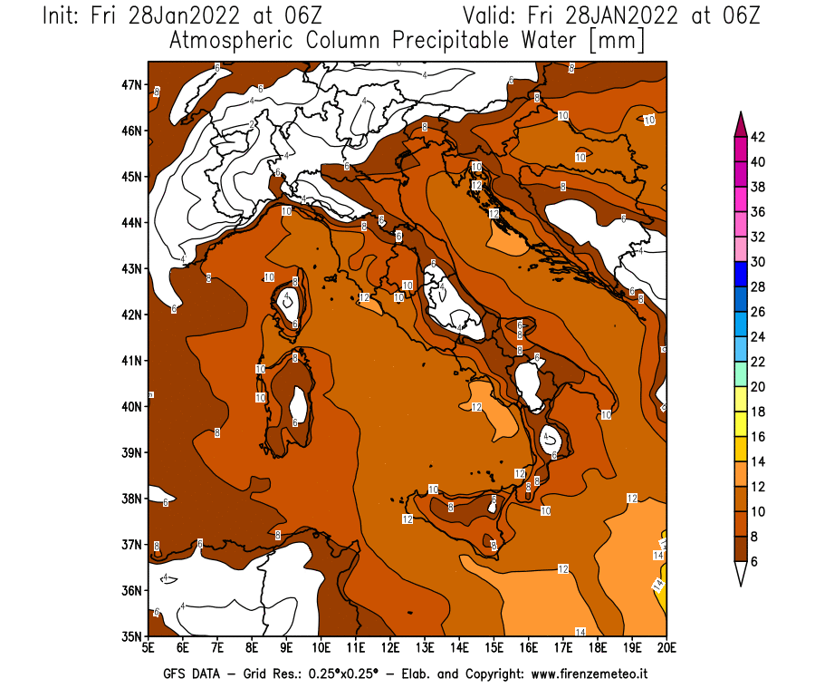 Mappa di analisi GFS - Precipitable Water [mm] in Italia
							del 28/01/2022 06 <!--googleoff: index-->UTC<!--googleon: index-->