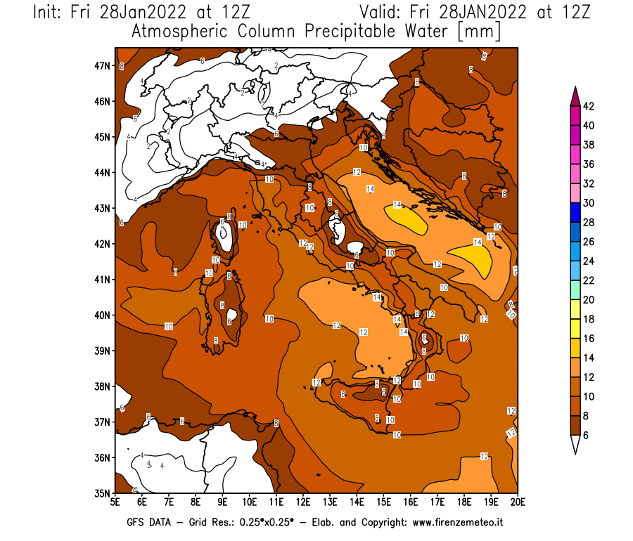Mappa di analisi GFS - Precipitable Water [mm] in Italia
							del 28/01/2022 12 <!--googleoff: index-->UTC<!--googleon: index-->