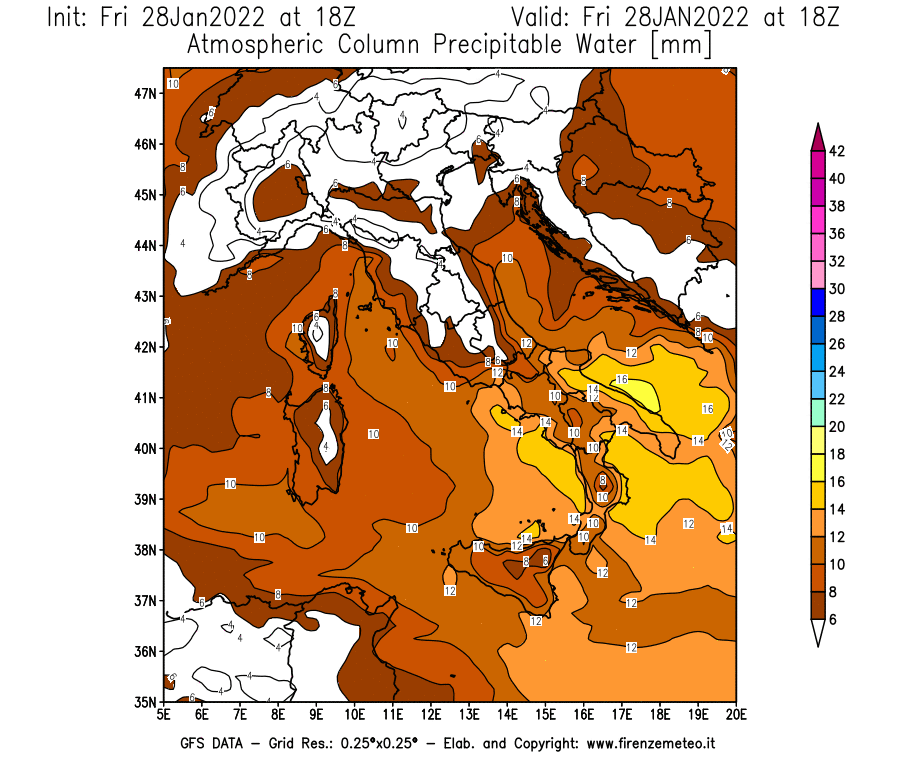 Mappa di analisi GFS - Precipitable Water [mm] in Italia
							del 28/01/2022 18 <!--googleoff: index-->UTC<!--googleon: index-->