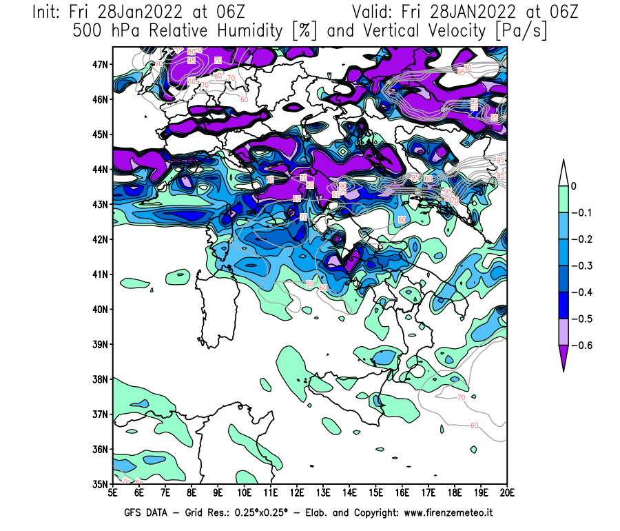 Mappa di analisi GFS - Umidità relativa [%] e Omega [Pa/s] a 500 hPa in Italia
							del 28/01/2022 06 <!--googleoff: index-->UTC<!--googleon: index-->