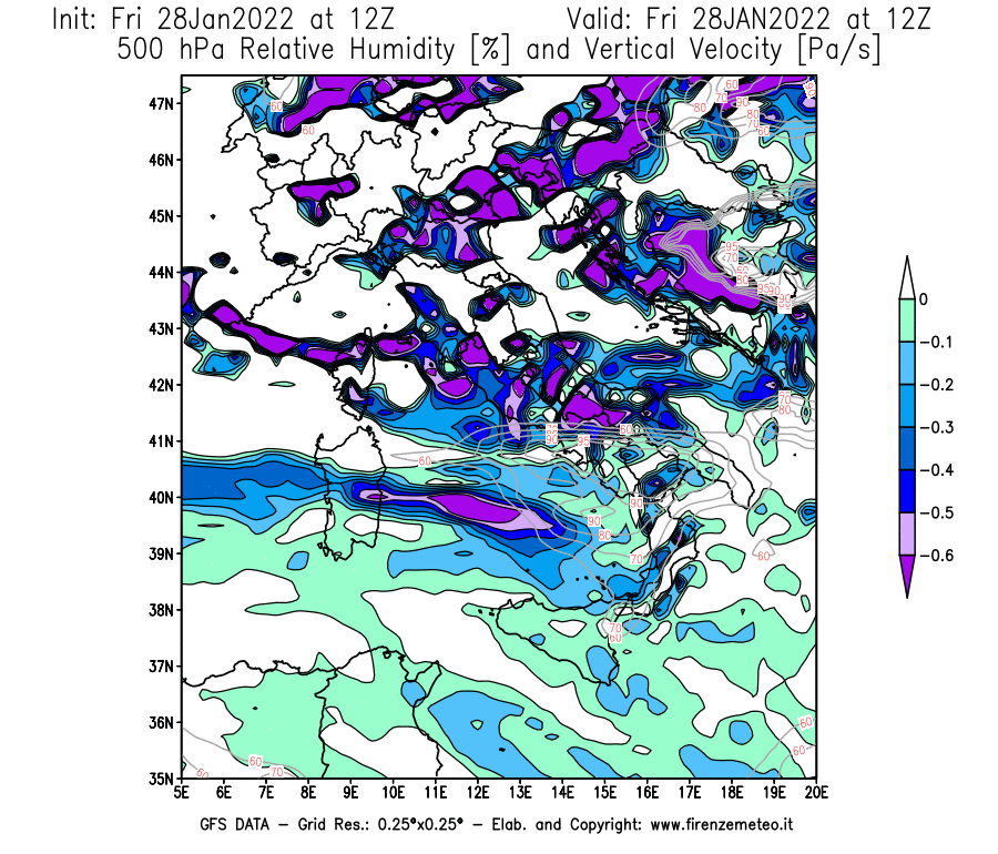 Mappa di analisi GFS - Umidità relativa [%] e Omega [Pa/s] a 500 hPa in Italia
							del 28/01/2022 12 <!--googleoff: index-->UTC<!--googleon: index-->
