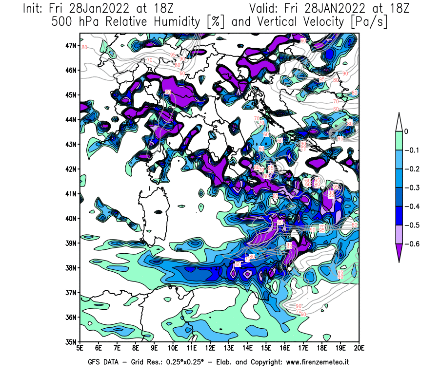 Mappa di analisi GFS - Umidità relativa [%] e Omega [Pa/s] a 500 hPa in Italia
							del 28/01/2022 18 <!--googleoff: index-->UTC<!--googleon: index-->