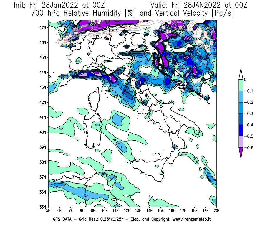 Mappa di analisi GFS - Umidità relativa [%] e Omega [Pa/s] a 700 hPa in Italia
							del 28/01/2022 00 <!--googleoff: index-->UTC<!--googleon: index-->