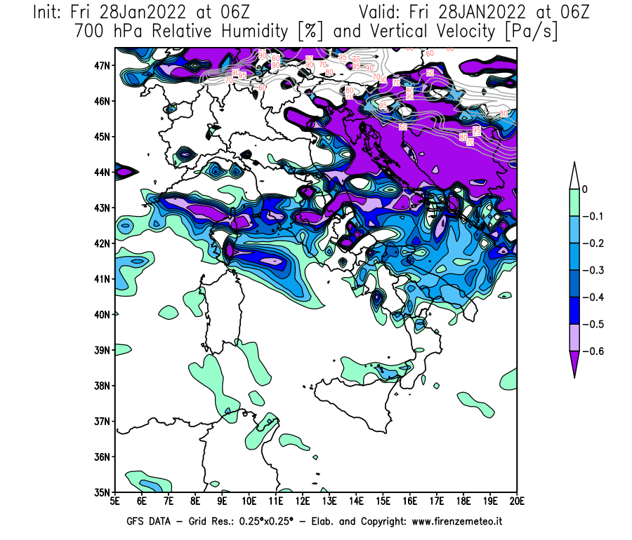 Mappa di analisi GFS - Umidità relativa [%] e Omega [Pa/s] a 700 hPa in Italia
							del 28/01/2022 06 <!--googleoff: index-->UTC<!--googleon: index-->