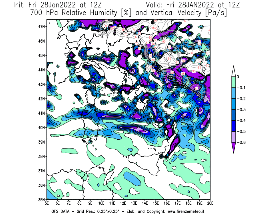 Mappa di analisi GFS - Umidità relativa [%] e Omega [Pa/s] a 700 hPa in Italia
							del 28/01/2022 12 <!--googleoff: index-->UTC<!--googleon: index-->