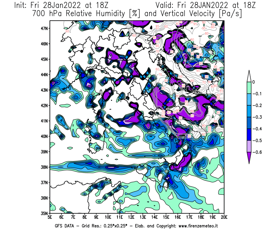 Mappa di analisi GFS - Umidità relativa [%] e Omega [Pa/s] a 700 hPa in Italia
							del 28/01/2022 18 <!--googleoff: index-->UTC<!--googleon: index-->